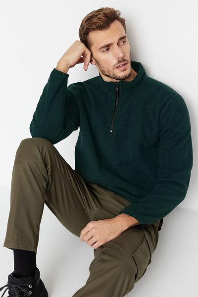 Trendyol Collection Smaragdově zelená mikina se zipem proti žmolkování - stojáček, pravidelný střih Tmnaw23Sw00395