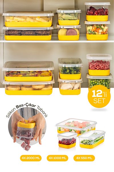 Vienev 12 Pieces Yellow Silicone Based Deep Freezer and Freezer Storage Container