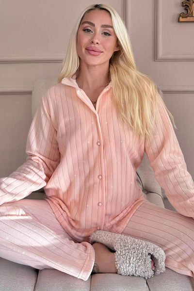 Pijamaevi Orangefarbenes, gepunktetes Pyjama-Set aus Plüsch-Fleece mit Knöpfen vorne