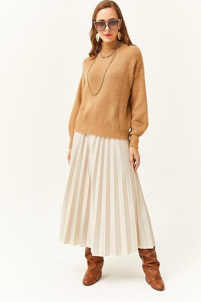 Olalook Women's Stone Leather Look Pleated A-Line Skirt ETK-19000233