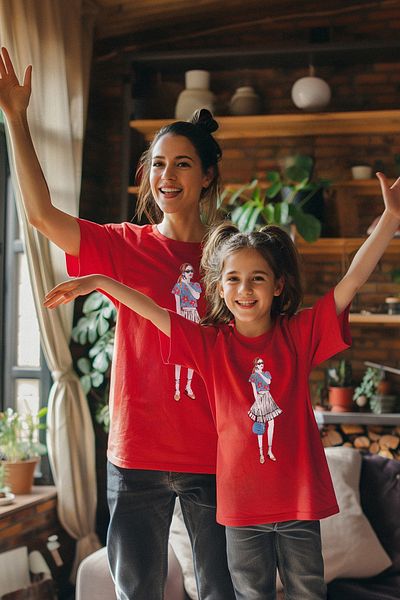 TRENDYOLKIDS Piros Girl's Mini Me póló - Anya és lánya nyomtatott TKDAW25TS00020