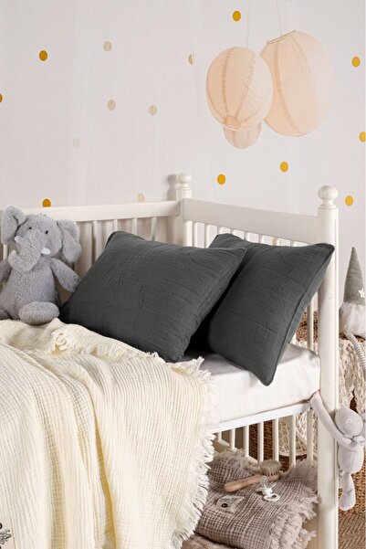 Kibele Müslin Bebek Yastık Kılıfı Antrasit 2'li %100 Pamuk 35*45