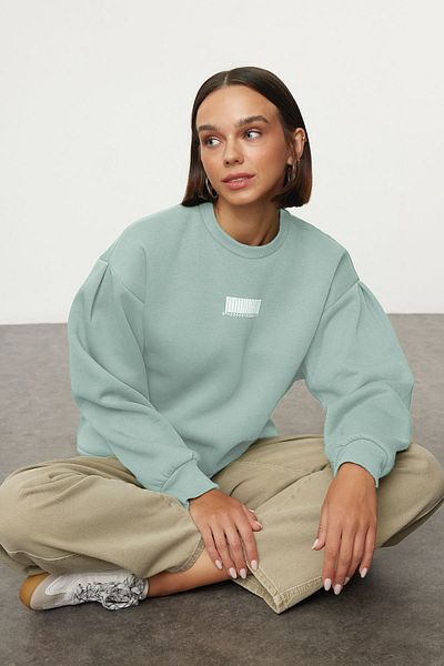 Trendyol Collection Pletená mikina s mintovým tlustým fleecem uvnitř s minimem potištěným balónovým rukávem