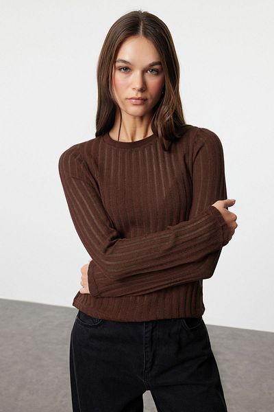 Trendyol Collection Σκούρο καφέ διαφανές πλεκτό ύφασμα κανονικού μεγέθους Πλεκτή μπλούζα με λαιμόκοψη TWOAW24BZ00094