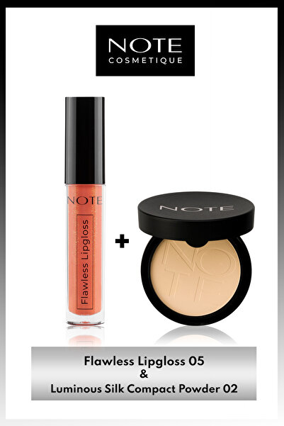 NOTE Flawless Lipgloss 05 - Turuncu & Luminous Silk Compact Pudra 02 Natural Beige Makyaj Seti