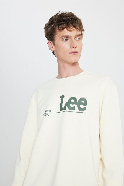 Lee %100 Pamuk Regular Fit Normal Kesim Bisiklet Yaka Erkek İçi Polarlı Ekru Big Logo Sweatshirt