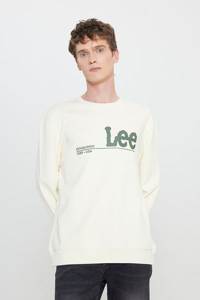 Lee Herren-Sweatshirt aus 100 % Baumwolle, reguläre Passform, normaler Schnitt, Rundhalsausschnitt, Fleece-Innenseite, Ecru, großes Logo
