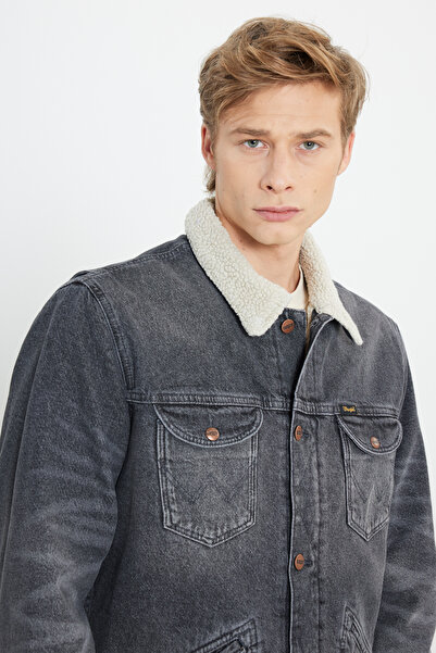 WRANGLER %100 Pamuk Regular Fit Normal Kesim Sherpa Yaka Erkek Koyu Gri İçi Suni Yünlü Jean Kot Ceket