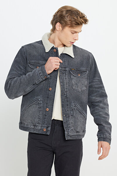 WRANGLER %100 Pamuk Regular Fit Normal Kesim Sherpa Yaka Erkek Koyu Gri İçi Suni Yünlü Jean Kot Ceket