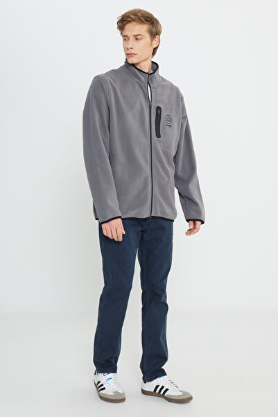 WRANGLER All Terrain Gear Regular Fit Regular Cut Stand Collar Men's Zippered Gray Fleece Jacket