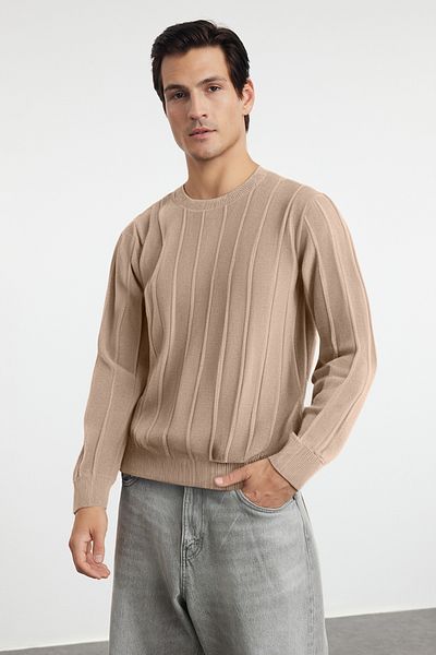 Edit by Trendyol Bézs kötöttáru Slim Fit férfi pulóver - TMNAW25KZ00066