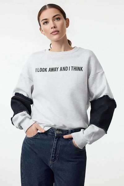 Trendyol Collection Denim Garnished Gray Slogan Comfortable Fit Sweatshirt - Twoaw25Sw00301