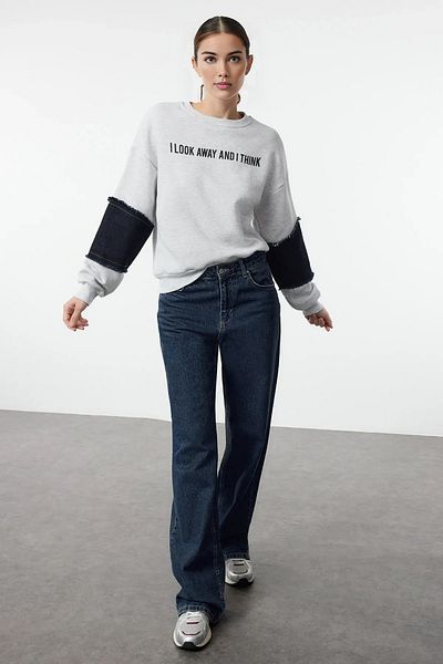 Trendyol Collection Denim Garnished Gray Slogan Comfortable Fit Sweatshirt - Twoaw25Sw00301