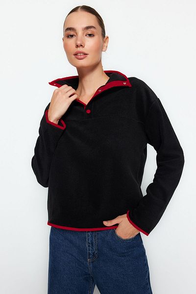 Trendyol Collection Черен трикотажен суитшърт от полар, обикновена/нормална кройка, цветни блокове и джобове TWOAW24SW00368