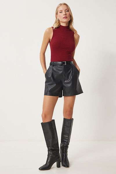 Happiness İstanbul Damen-Strickbluse aus Baumwolle in Weinrot mit Rollkragen GT00004