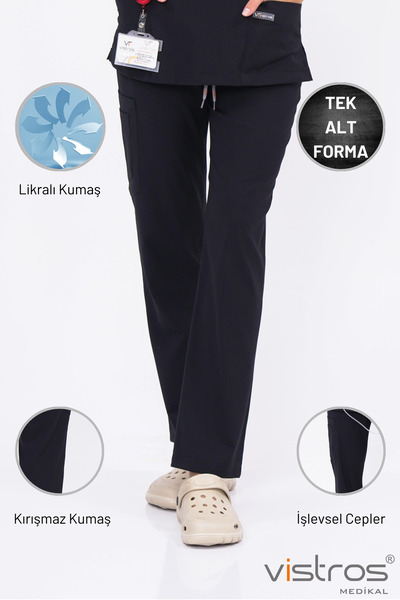 Vistros Medikal Hemşire Doktor Likralı Pantolon Hastane Tıbbi Giyim Siyah ALT...