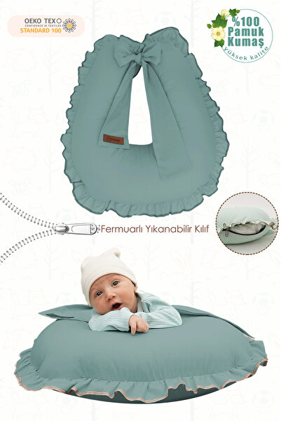 mordesign Fırfırlı Emzirme Yastığı, Bebek Destek Minderi, Hamile Yastığı, Pamuk Kumaş, Ruffle Seri, Yeşil