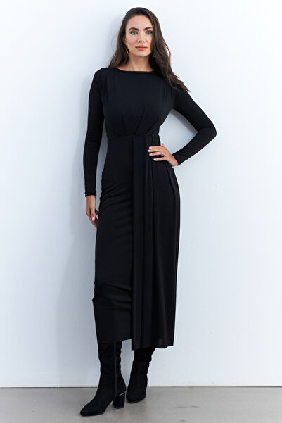 Cool & Sexy Kadın Siyah Önü Drapeli Maxi Elbise SHR5