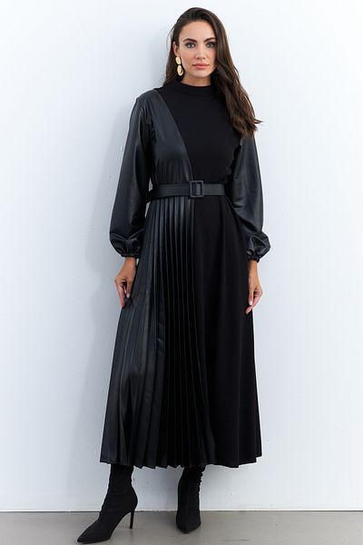 Cool & Modest Μαύρο Faux Leather - Πλισέ Block Maxi Γυναικείο Φόρεμα MALZ100