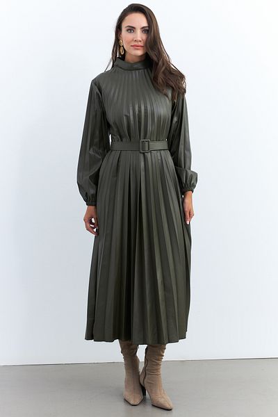 Cool & Modest MALZ99 Maxi Γυναικείο Φόρεμα - Χακί Πλισέ και Ζώνη