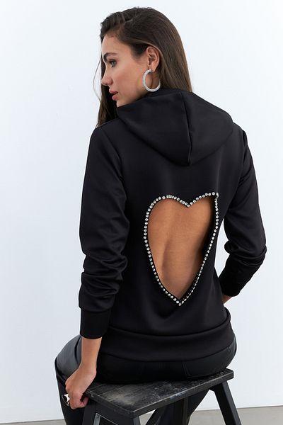 Cool & Sexy Women's Black Stone Detailed Sweatshirt - Low Back Bth15