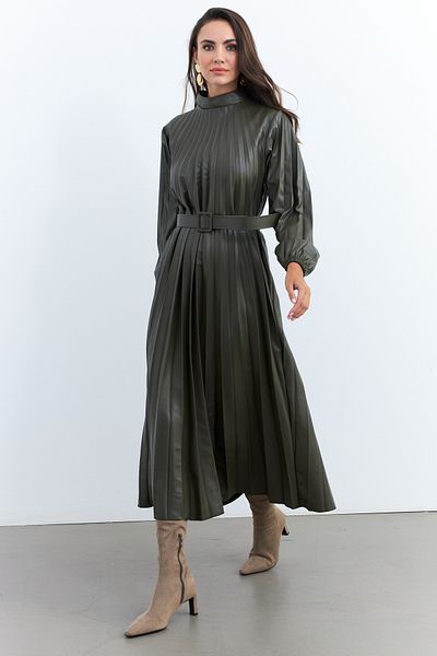 Cool & Modest MALZ99 Maxi Γυναικείο Φόρεμα - Χακί Πλισέ και Ζώνη