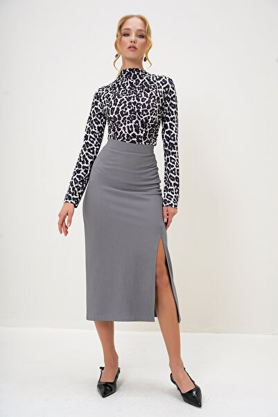 Trend Alaçatı Stili Fusta de damă, antracit, cu talie elastică, cu fante, detaliată, din țesătură Ottoban, cu lungime midi ALC-X13183