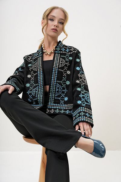 Trend Alaçatı Stili Schwarze Damenjacke mit Schalkragen und Stickerei, bestickt, ALC-X13205