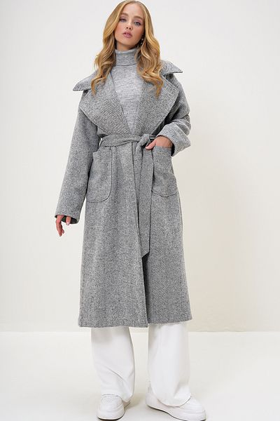 Trend Alaçatı Stili Gray-Purple Women's Cashew Coat - Bag Pocket, Lining and Belt Alc-X13274