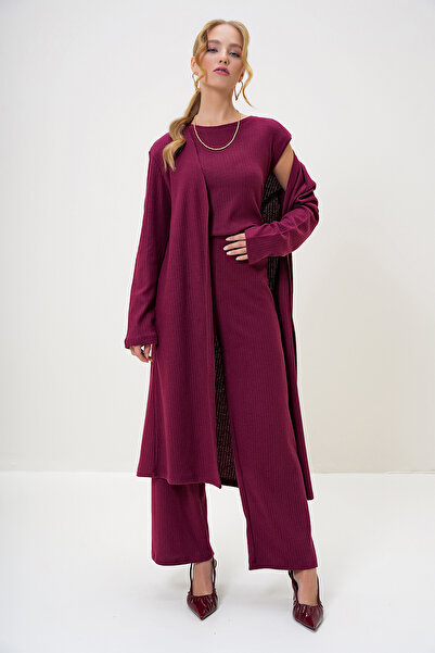 Trend Alaçatı Stili Claret Red Shoulder Padded Women's Set - Crew Neck Blouse, Trousers and Cardigan Alc-X4710-Rv