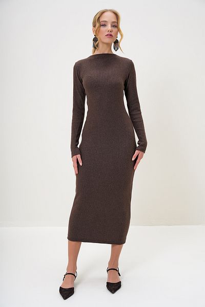 Trend Alaçatı Stili Women's Brown Crew Neck Long Sleeve Interlock Fabric Maxi Length Dress Alc-X13073
