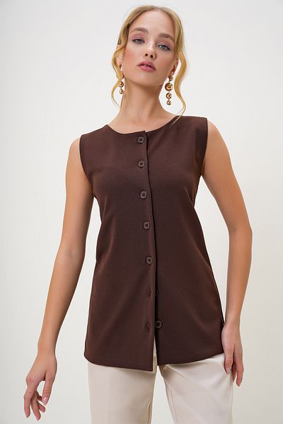 Trend Alaçatı Stili Braune lange Kreppweste mit Rundhalsausschnitt für Damen ALC-X13005
