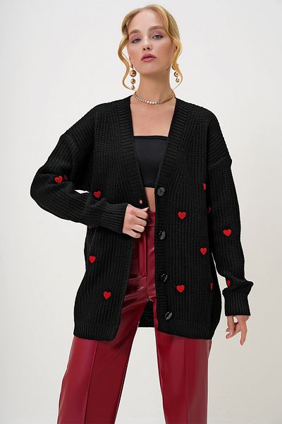 Trend Alaçatı Stili Women's Black V-Neck Heart Embroidered Midi Length Knitwear Cardigan Alc-X12983