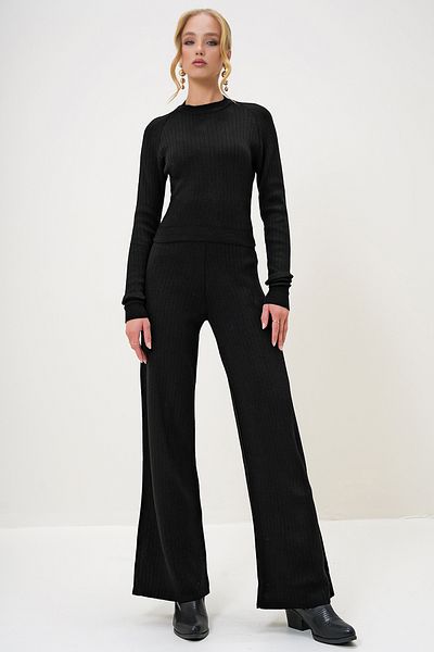 Trend Alaçatı Stili Black Knitwear Crop Blouse and Palazzo Pants Set - Crew Neck Alc-X12995