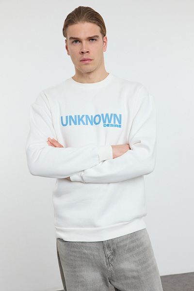 Trendyol Collection Ecru oversize/široký střihový text tištěný fleece kolem krku uvnitř mikiny Tmnaw25Sw00047