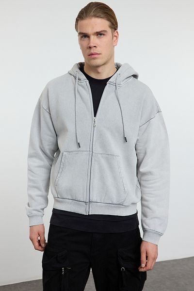 Trendyol Collection Graues Oversize-Crop-Sweatshirt mit Reißverschluss – Kapuze, TMNAW25SW00171