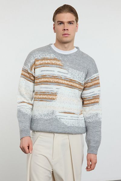 Trendyol Collection Grauer Strickpullover mit Rundhalsausschnitt für Unisex - Landschaft TMNAW25KZ00017