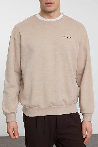Trendyol Collection Μπεζ Unisex Oversize Slogan Crew Neck Fleece φούτερ - TMNAW25SW00162