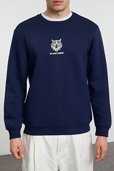 Trendyol Collection Marineblaues Oversize/Schmal geschnittenes Sweatshirt aus Baumwolle mit Animal-Print TMNAW25SW00129