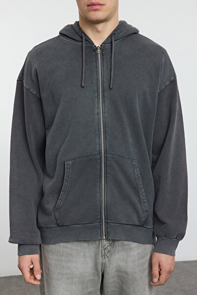 Trendyol Collection Антрацитовий оверсайз/широкий облягаючий кардиган з капюшоном з ефектом вицвітання / світшот без капюшона TMNAW25SW00049