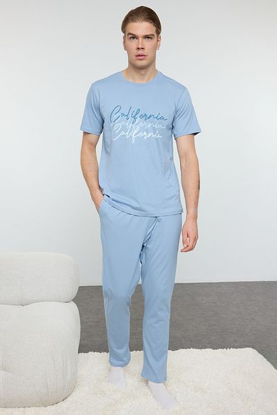 Trendyol Collection Blue Crew Neck nyomott pamut pizsama szett - TMNAW25PT00003