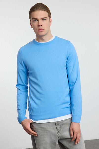 Trendyol Collection Pulover albastru, subțire, cu decolteu rotund, tricotaj simplu TMNAW21KZ0756