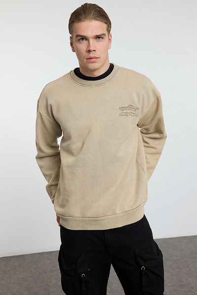 Trendyol Collection Béžová vyšívaná oversize mikina – starožitné podrobné Tmnaw25Sw00170