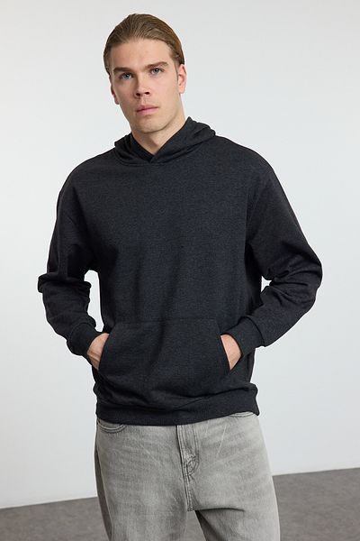 Trendyol Collection Φούτερ Freedom Anthracite Melange Oversize Hooded - Πίσω στάμπα TMNAW25SW00167