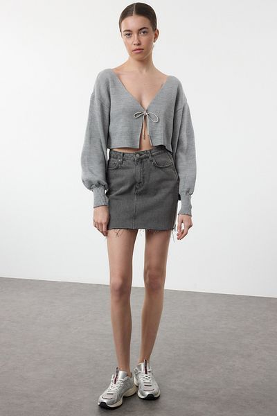 Trendyol Collection Gray Knitwear Super Crop Cardigan - Twoaw24Hi00315 with Bow Detail