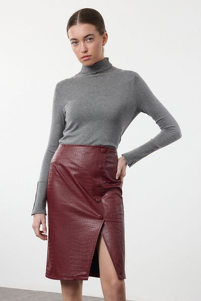 Trendyol Collection Sötétvörös kígyómintás hasított midi szoknya - limitált kiadású TWOAW23ET00260