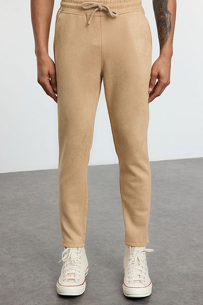 Trendyol Collection Μπεζ Slim Fit δεμένο ελαστικό σουέτ παντελόνι μέσης TMNAW25PL00030