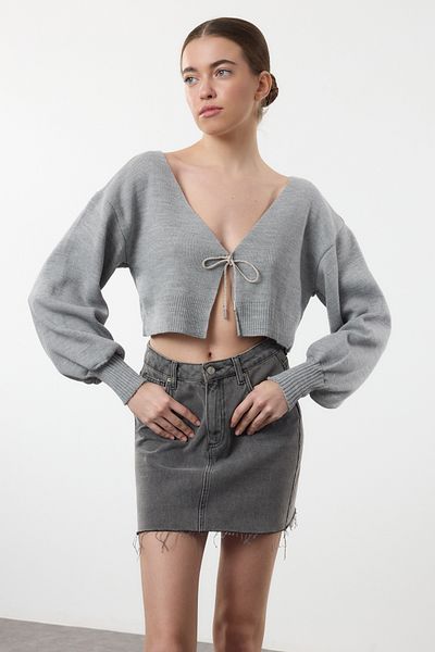 Trendyol Collection Gray Knitwear Super Crop Cardigan - Twoaw24Hi00315 with Bow Detail