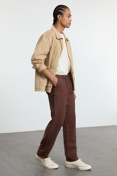 Trendyol Collection Λινό κανονική εφαρμογή καφέ ελαστικό παντελόνι μέσης με κορδόνια - TMNSS24PL00018