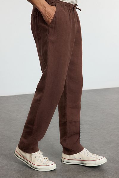 Trendyol Collection Λινό κανονική εφαρμογή καφέ ελαστικό παντελόνι μέσης με κορδόνια - TMNSS24PL00018